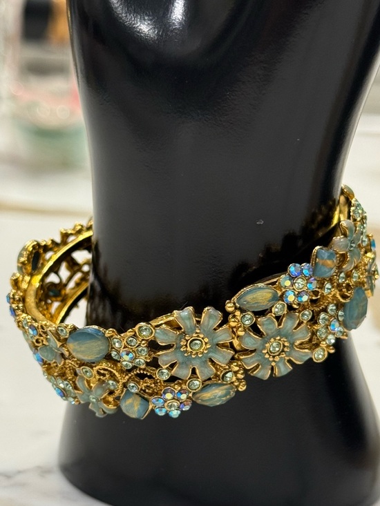 Jewelry - Gold-Tone Blue Floral Crystal Hinged Bangle Bracelet
